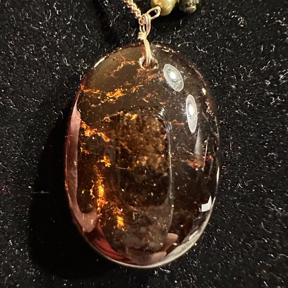 Beautiful amber stone hangs from chain with delicate clusters of small beads. - Picture 10 of 13